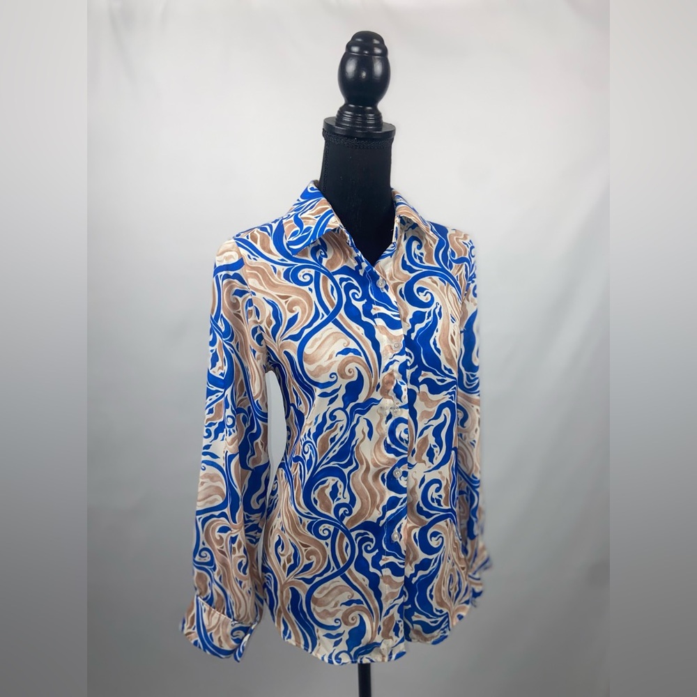 Button Down Shirt Blouse Top Blue & Tan Medium